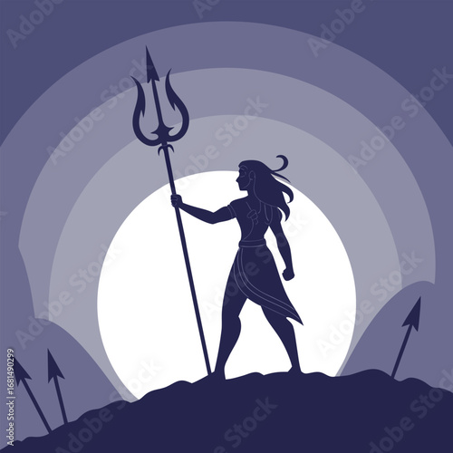 Vector art of silhouette of a powerful female warrior holding a trident against a backdrop of concentric circles and a bright moon, symbolizing strength and divinity