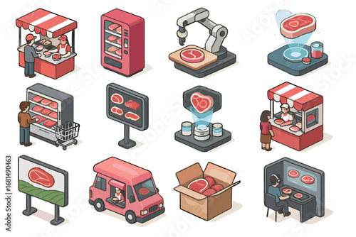 Futuristic vending vector meat tasting icon booth street cultured stall truck icons