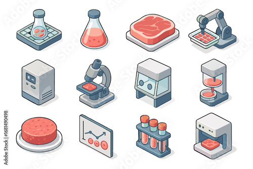 Grown lab flask slab chart tray icon culture robotic meat vector patty