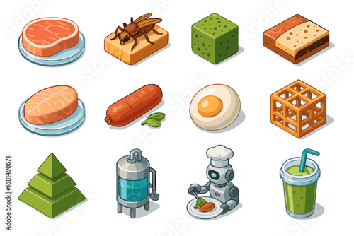 Protein icons cube vector fermentation sausage cultured plating icon synthetic futuristic algae