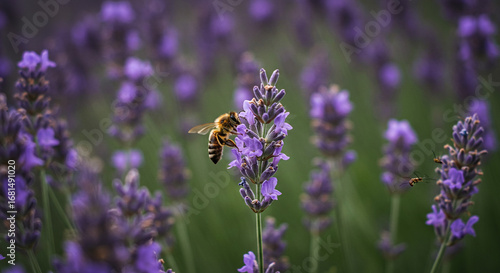 Honeybee collecting pollen from vibrant lavender flowers in a field, summery and peaceful background