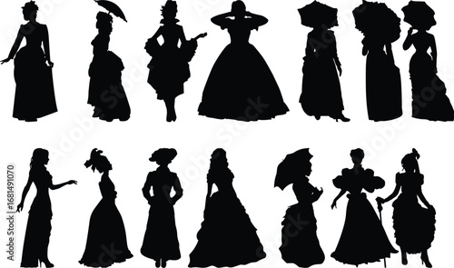 Vintage Victorian women silhouette collection, elegant fashion dresses, retro parasol ladies, antique style illustration design elements