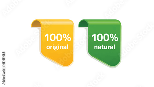 A digital illustration of two overlapping ribbon-style badges on a transparent background.   