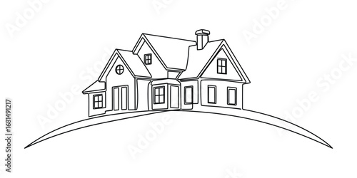 Sketch of a charming two-story house perched on a gently curving hill with architectural detail.