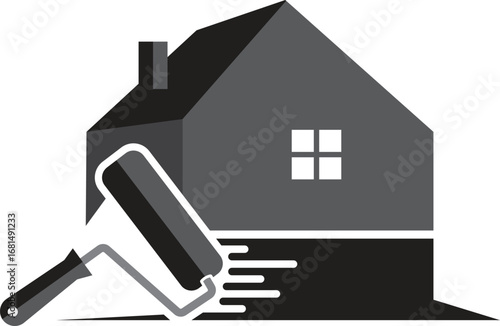 Home renovation and house painting service concept with roller and building icon