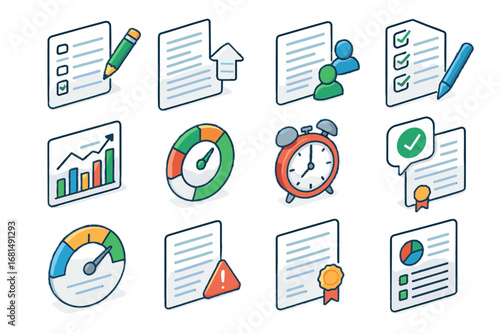 Icon quiz edtech submission peer review progress certificate collection plagiarism feedback vector