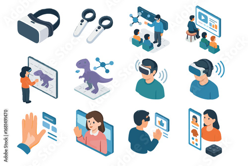 Vector motion isometric spatial immersive device icons headset tutor icon interactive classroom