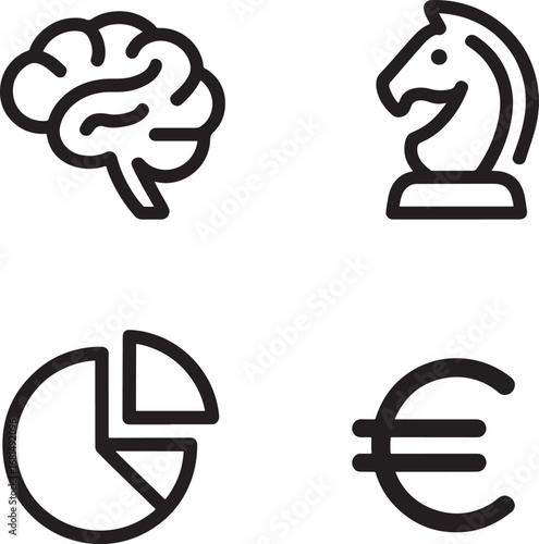 Brain chess knight pie chart euro symbol icons representing strategy finance thinking silhouette line art illustration royalty free premium quality