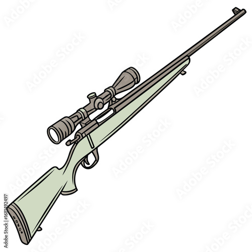 Vector art of a detailed illustration of a rifle with a scope, isolated on white background