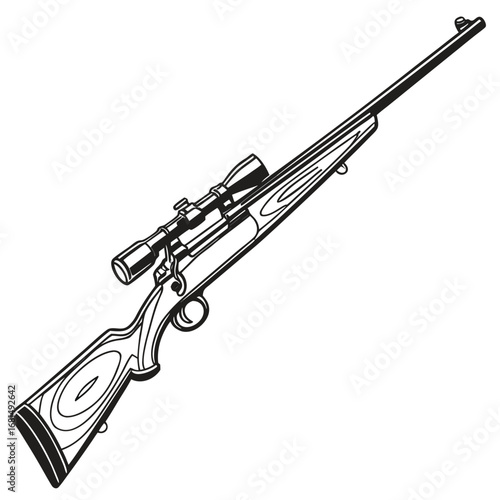 Vector art of a detailed illustration of a hunting rifle with a scope, isolated on white background