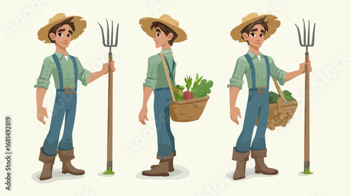 Cartoon farmer illustrations carrying produce
