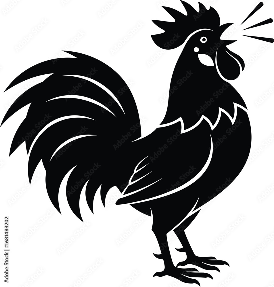 Fototapeta premium Crowing rooster vector illustration black and white design