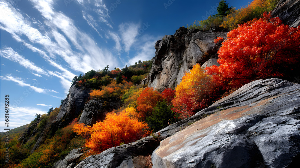 Obraz premium An autumn view of a mountain slope with vibrant red,yellow, and orange leaves,under a crisp, cloudless bue sky.