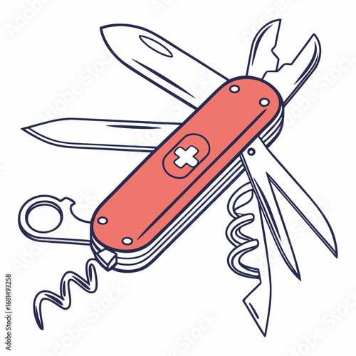 Illustration of a red multitool pocket knife with various unfolded blades and tools, isolated on white background