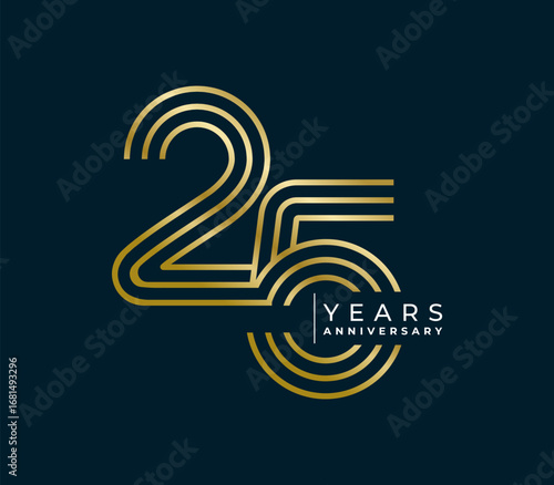 25 Years Anniversary design vector illustration. Unique 25 years logo design template. In gold color