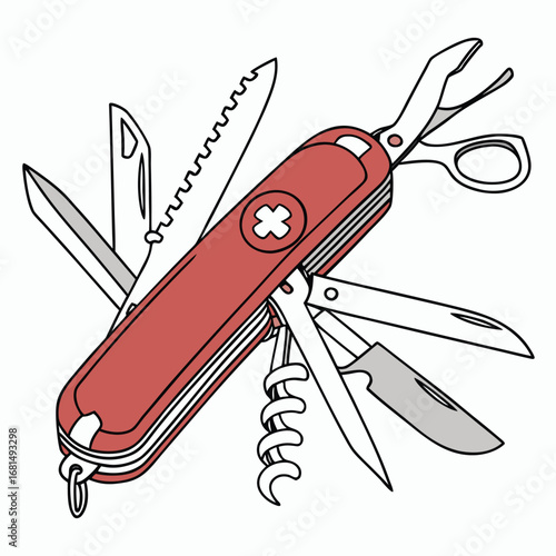 Vector art of a red swiss army knife with multiple tools extended, isolated on a, showcasing its versatility and compact design for outdoor activities and everyday use
