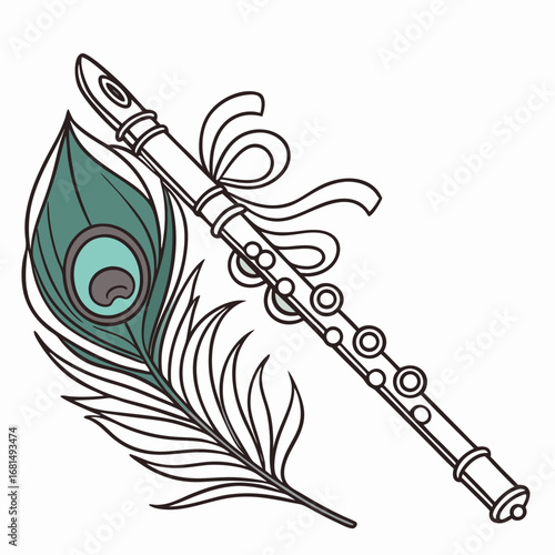 Vector art of a stylized illustration of a flute with a ribbon tied around it, placed next to a peacock feather