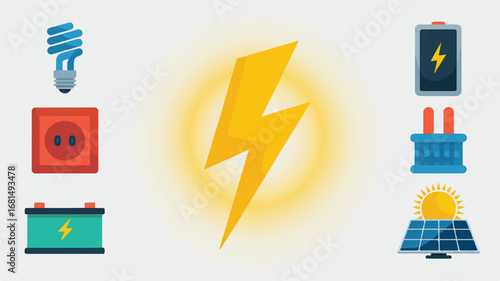 A flat design illustration of energy and electricity icons arranged in a 4x4 grid on a white background.  Editable stroke.