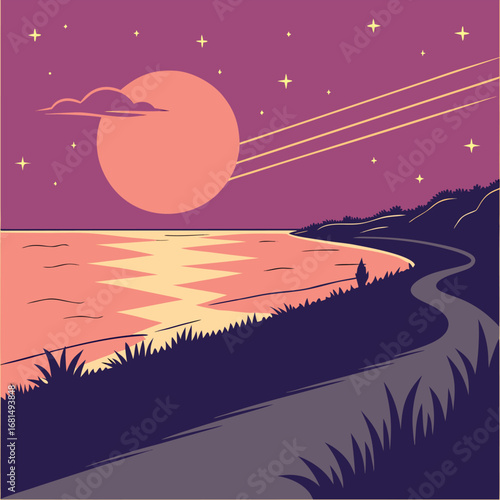 Vector art of a serene pixel art landscape depicts a winding road leading to a tranquil ocean under a starry night sky with a large, glowing sun