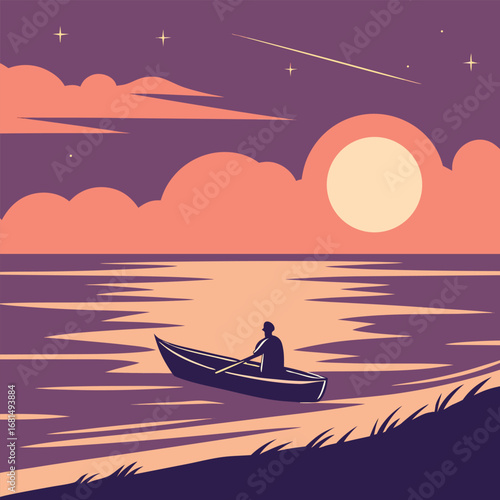 Vector art of a lone figure rows a boat across a calm body of water under a twilight sky with a large sun and scattered stars, evoking a sense of peace and solitude