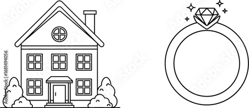 Dream home and engagement ring vector illustration outline art