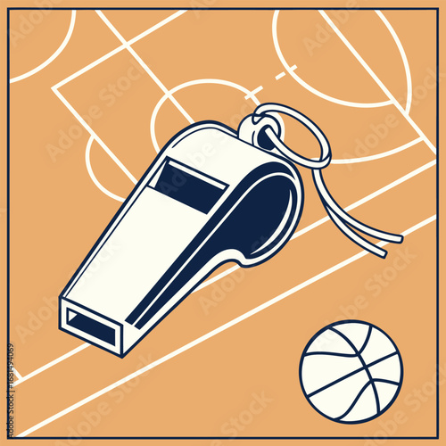 Vector art of a sports whistle and a basketball are placed on a basketball court, symbolizing coaching and game play
