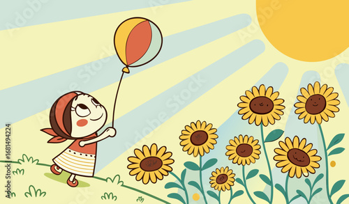 "A cheerful, bright cartoon illustration of a young girl wearing a red headscarf holding a colorful striped balloon, running happily through a field of large yellow sunflowers under a shining sun with