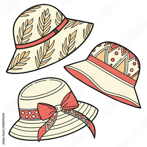 Vector art of a collection of three decorative sun hats, each with a unique pattern and ribbon accent, isolated on white background