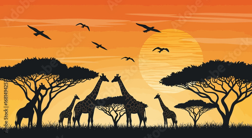 African Savanna Vector Illustration with Giraffes, Trees, Birds, and Orange Sun