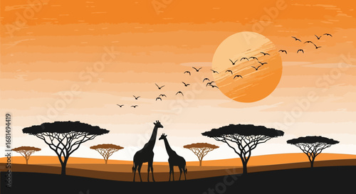 African Savanna Vector Illustration with Giraffes, Trees, Birds, and Orange Sun