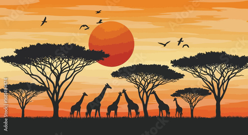 African Savanna Vector Illustration with Giraffes, Trees, Birds, and Orange Sun