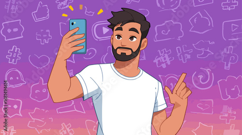 Cartoon man taking selfie against social media icons