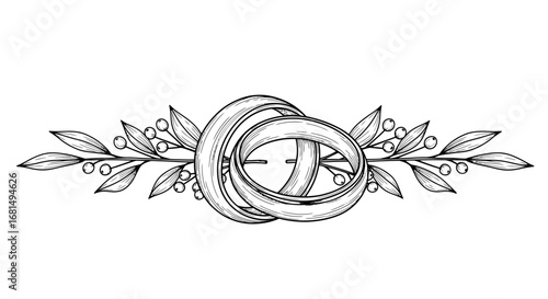 A beautiful hand-drawn illustration of two interlocking wedding rings decorated with elegant olive branches
