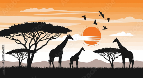 African Savanna Vector Illustration with Giraffes, Trees, Birds, and Orange Sun