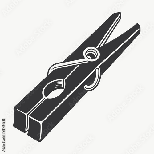 Vector art of a simple, darkcolored clothespin is shown against a light, neutral background, highlighting its functional design and common household use for securing laundry or other items
