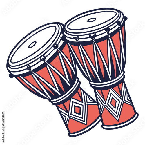 Vector art of two red djembe drums with white and blue patterns, isolated on white background