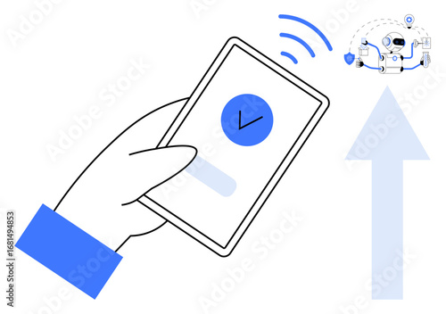 Hand holding smartphone with checkmark interface, initiating wireless control of an AI robot. Ideal for automation, artificial intelligence, IoT, technology, innovation, robotics progress. Simple