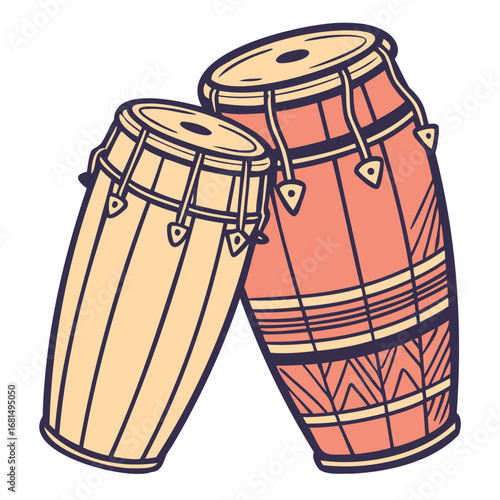 Vector art of two conga drums, a pair of tall, narrow, singleheaded drums with a skin or plastic head and an open bottom, are depicted in a stylized illustration with a simple color palette