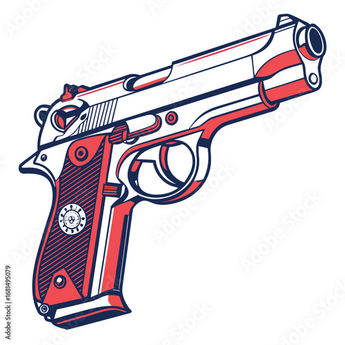 Vector art of a stylized illustration of a semiautomatic pistol, featuring a bold red and blue outline against a clean