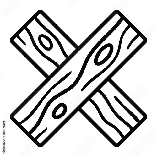 Crossed wooden planks vector icon. Black line art construction and carpentry symbol for building, repair, and lumber industry design.