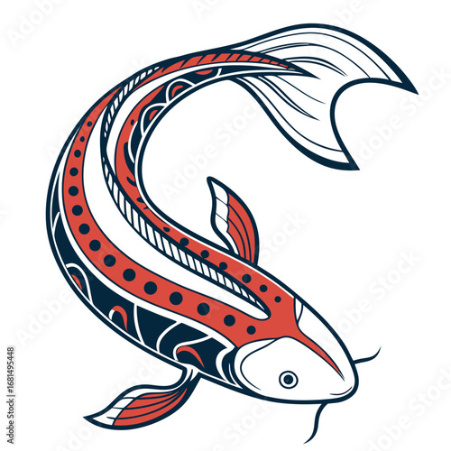 Vector art of stylized koi fish illustration with traditional japanese patterns in red, white, and blue, isolated on white background