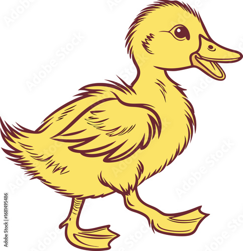Tableau sur toile Vector art of a cute yellow duckling with its mouth open, walking with its legs