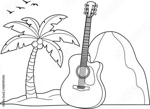 Acoustic guitar on tropical island coloring page for kids fun
