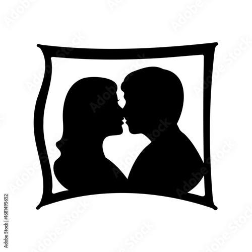 Silhouette of a couple embracing within a decorative frame represents love