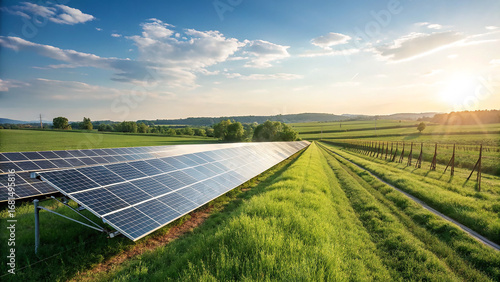 Solar panels gleam in a green field at sunset. Clean energy concept for presentations, posters, and branding.