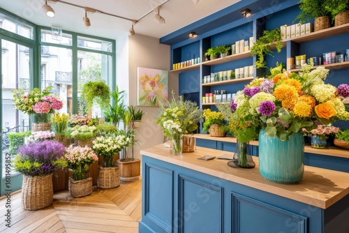 Espacio acogedor para clientes en un local de flores con arreglos coloridos y frescos en un entorno luminoso