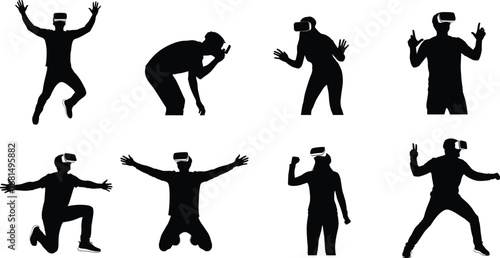 Silhouette collection of people wearing virtual reality headset, gaming and exploring VR technology with different poses vector illustration for design