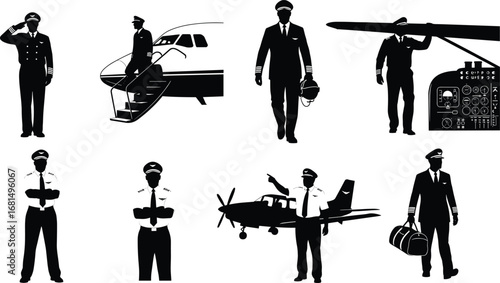Silhouette vector illustration of airplane pilots walking, saluting, boarding aircraft, inspecting plane, and sitting inside cockpit for aviation design