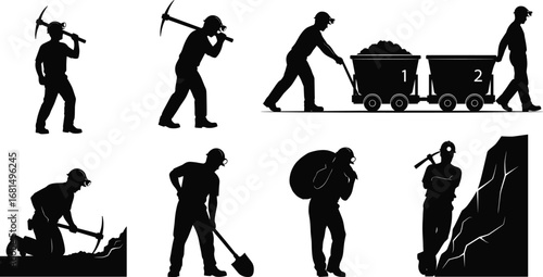 Silhouette vector illustration of coal miners working underground with pickaxe, drill, ladder, and mining cart for industry and labor design