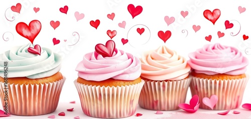 Delicate watercolor cupcakes, hearts & swirls, pastel hues, romantic Valentine's Day treats, sweetness, candy